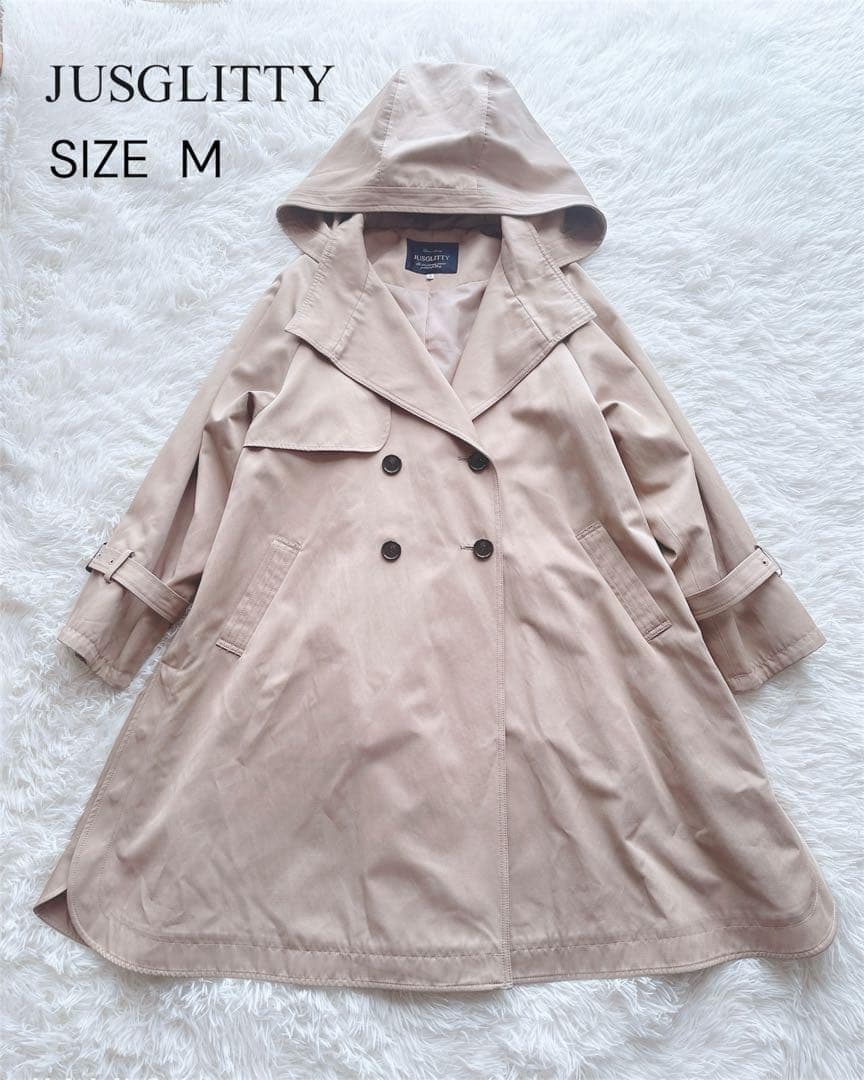 美品 ジャスグリッティー フード付きロングトレンチコート M