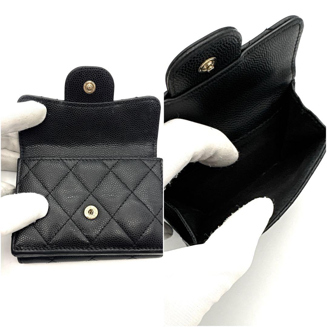 極美品◆CHANEL 三つ折り財布 キャビアスキン マトラッセ 黒 32番台