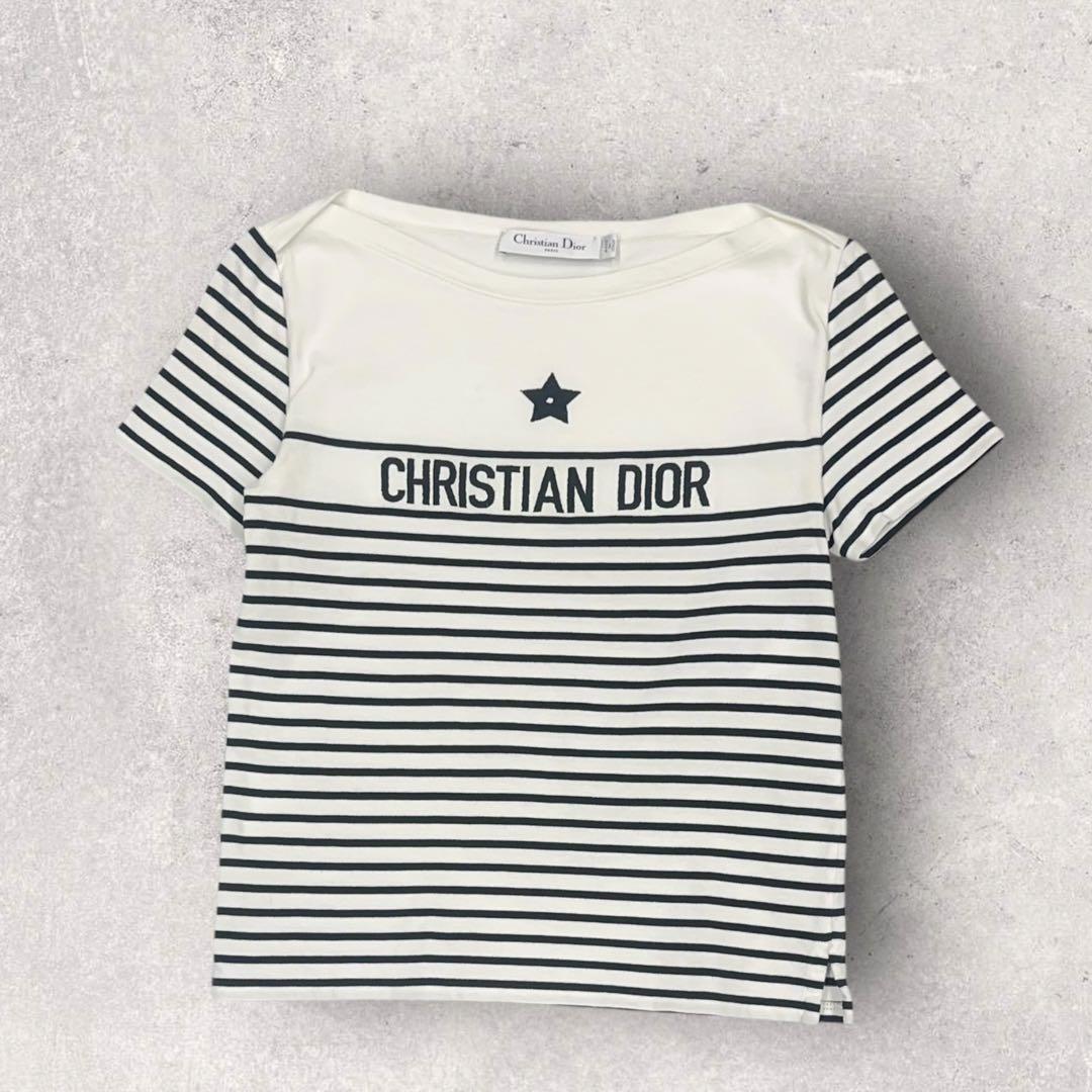 【美品・インフルエンサー着用】Dior 刺繍ロゴ 半袖ボーダーtシャツ　白