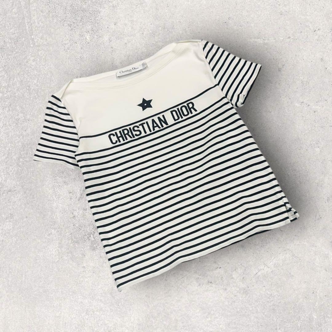 【美品・インフルエンサー着用】Dior 刺繍ロゴ 半袖ボーダーtシャツ　白
