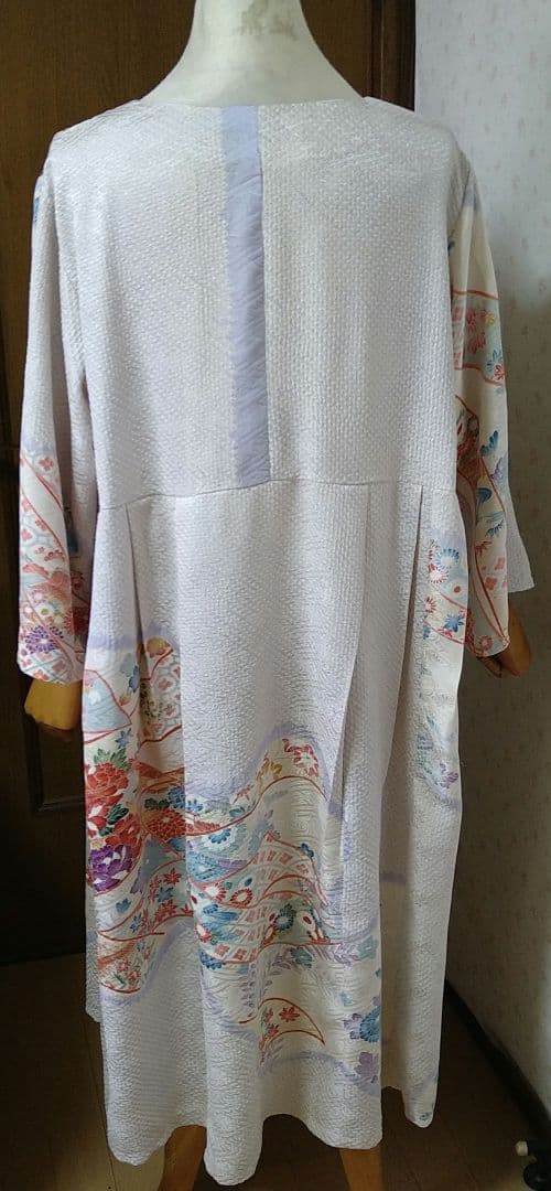 正絹 中振袖 絞り ウエストリボン付きタック入りワンピース♪着物リメイク