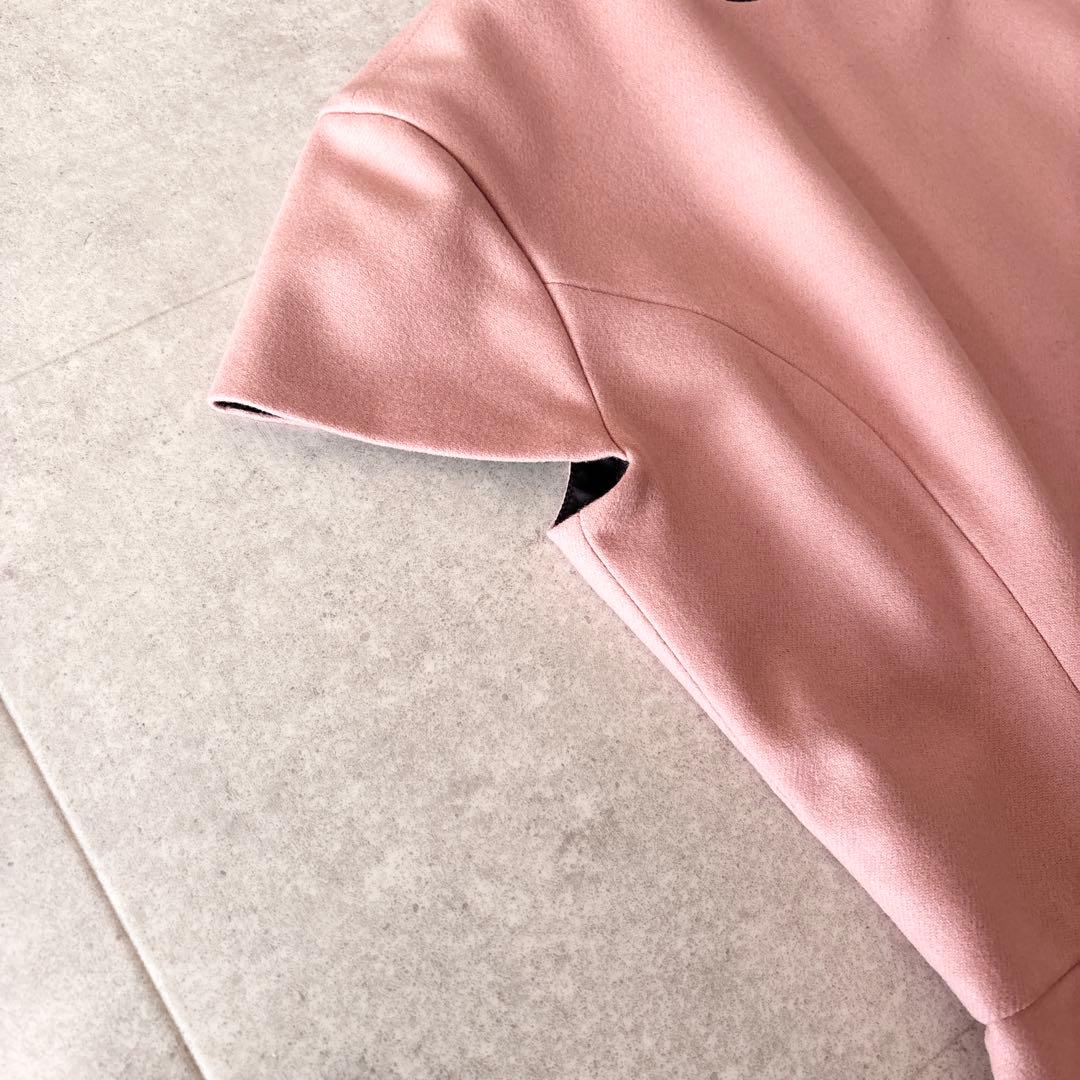 極美品✨️ヨーコチャン パール装飾 ウールひざ丈半袖ワンピース 38 ピンク