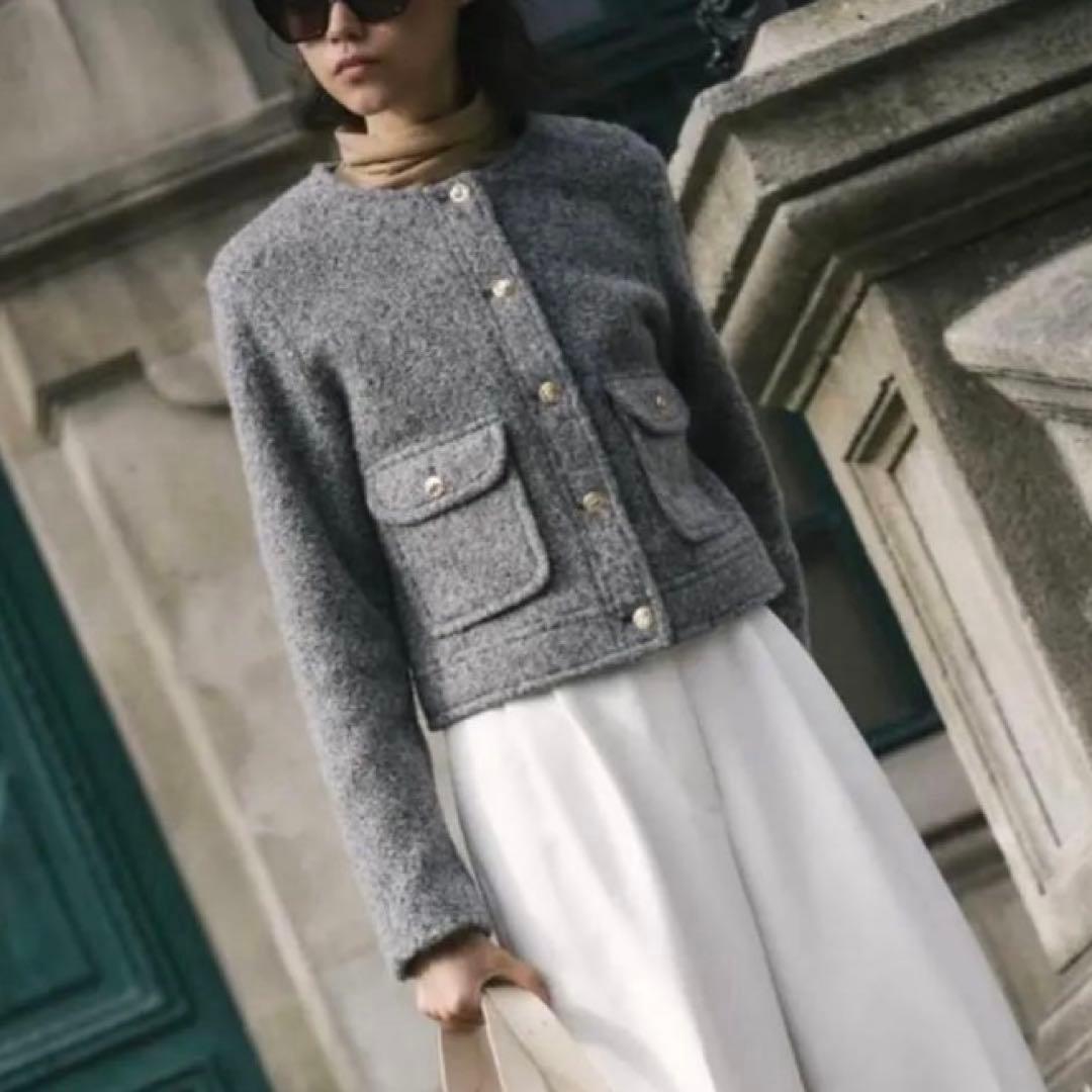 【ZARA】美品 ゴールドボタンブークレジャケット XL ノーカラー ゆったり