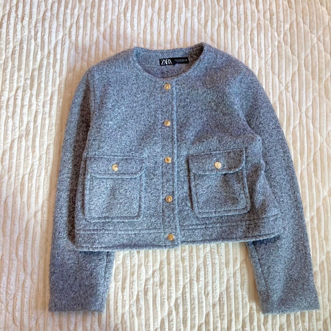 【ZARA】美品 ゴールドボタンブークレジャケット XL ノーカラー ゆったり