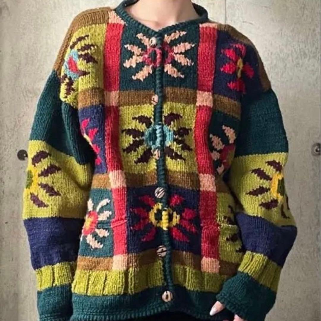90's エクアドル フラワーカーディガン 花柄ニット ビンテージ