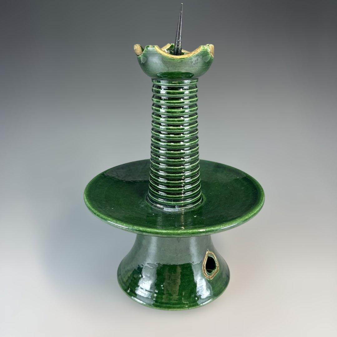 【中古品】茶道具　和楽造　緑釉膳燭（紙箱）