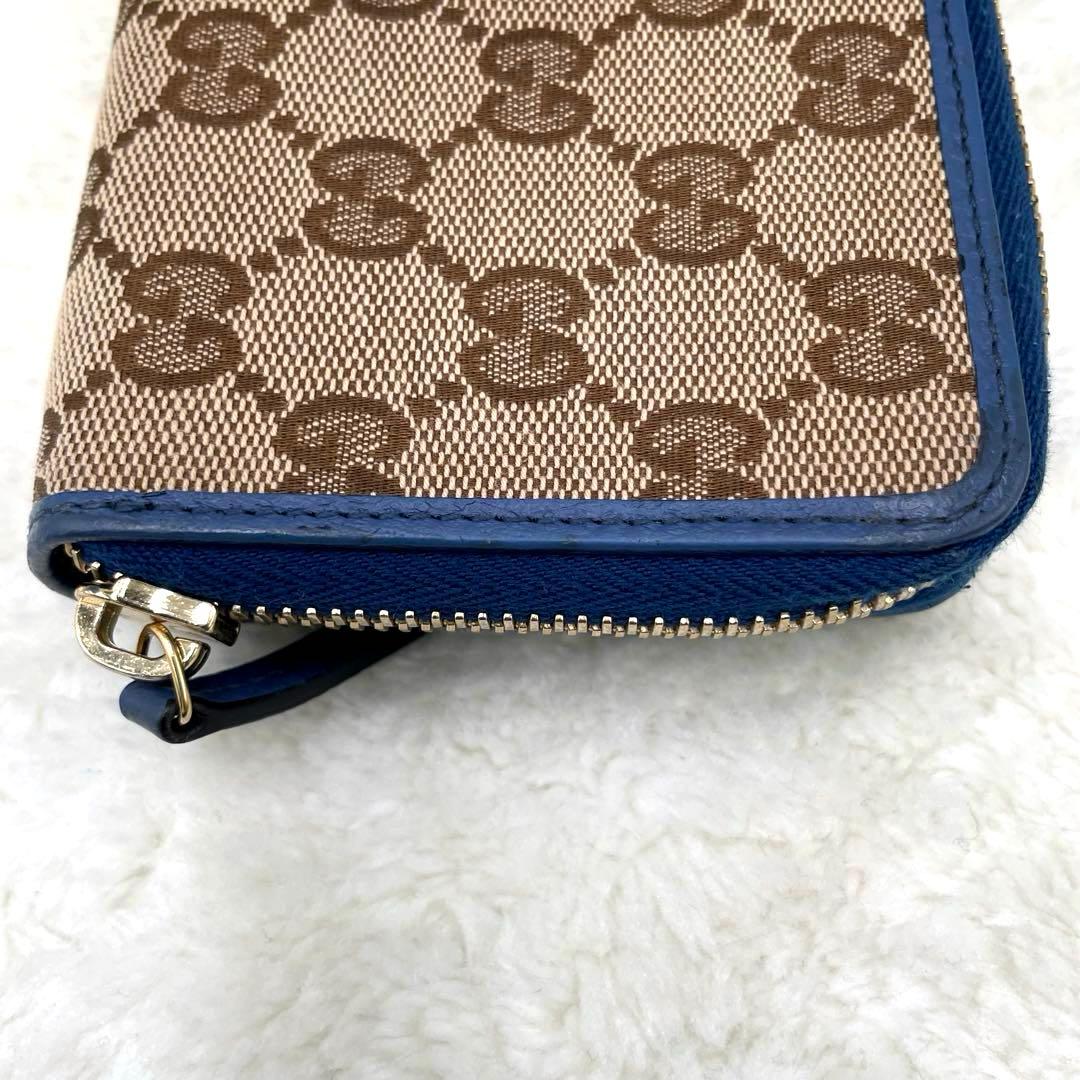 美品 グッチ GUCCI 2つ折り 財布　ラウンドファスナー　キャンバス シマ