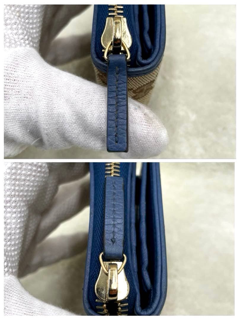美品 グッチ GUCCI 2つ折り 財布　ラウンドファスナー　キャンバス シマ