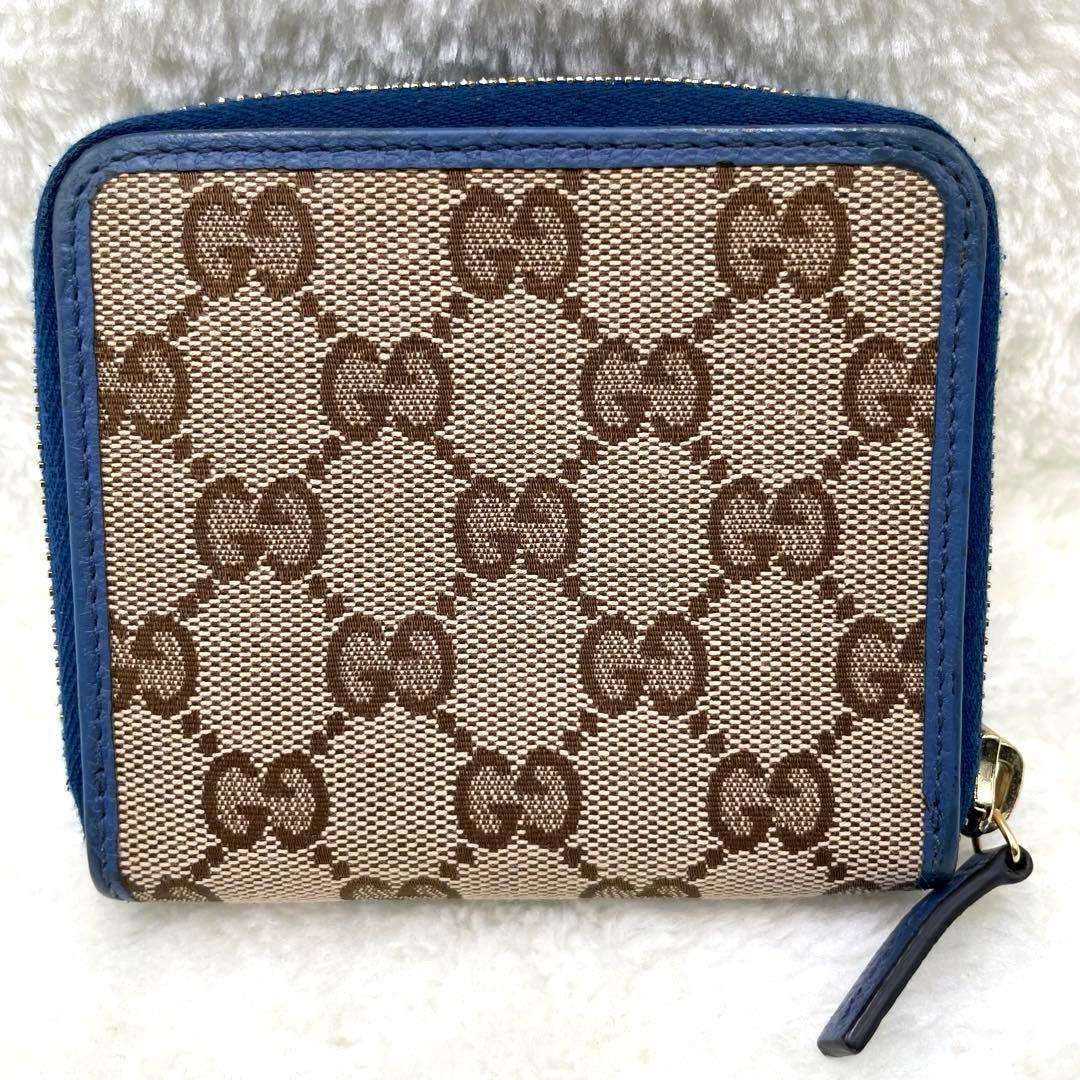 美品 グッチ GUCCI 2つ折り 財布　ラウンドファスナー　キャンバス シマ