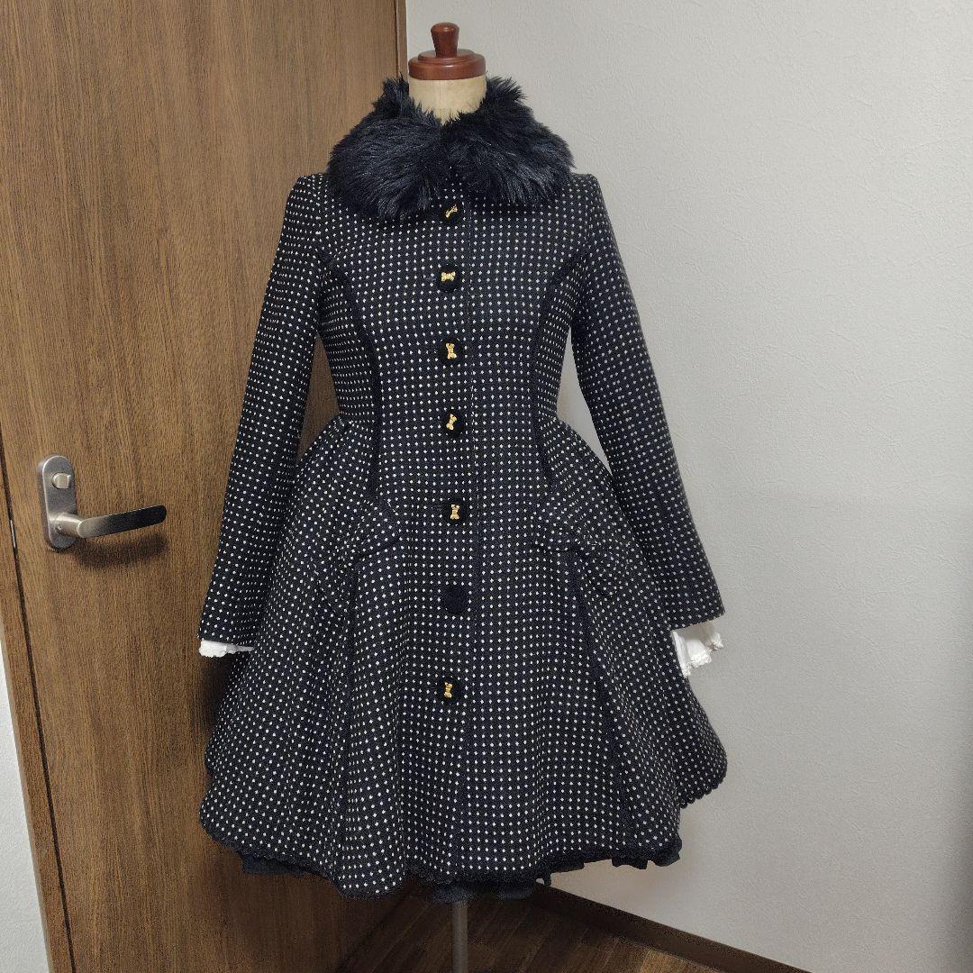 Angelic Pretty ドット柄 リボン ファー付きロングコート ブラック