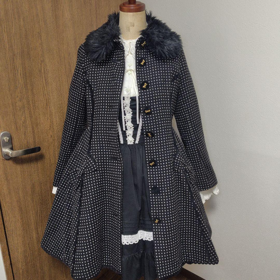 Angelic Pretty ドット柄 リボン ファー付きロングコート ブラック