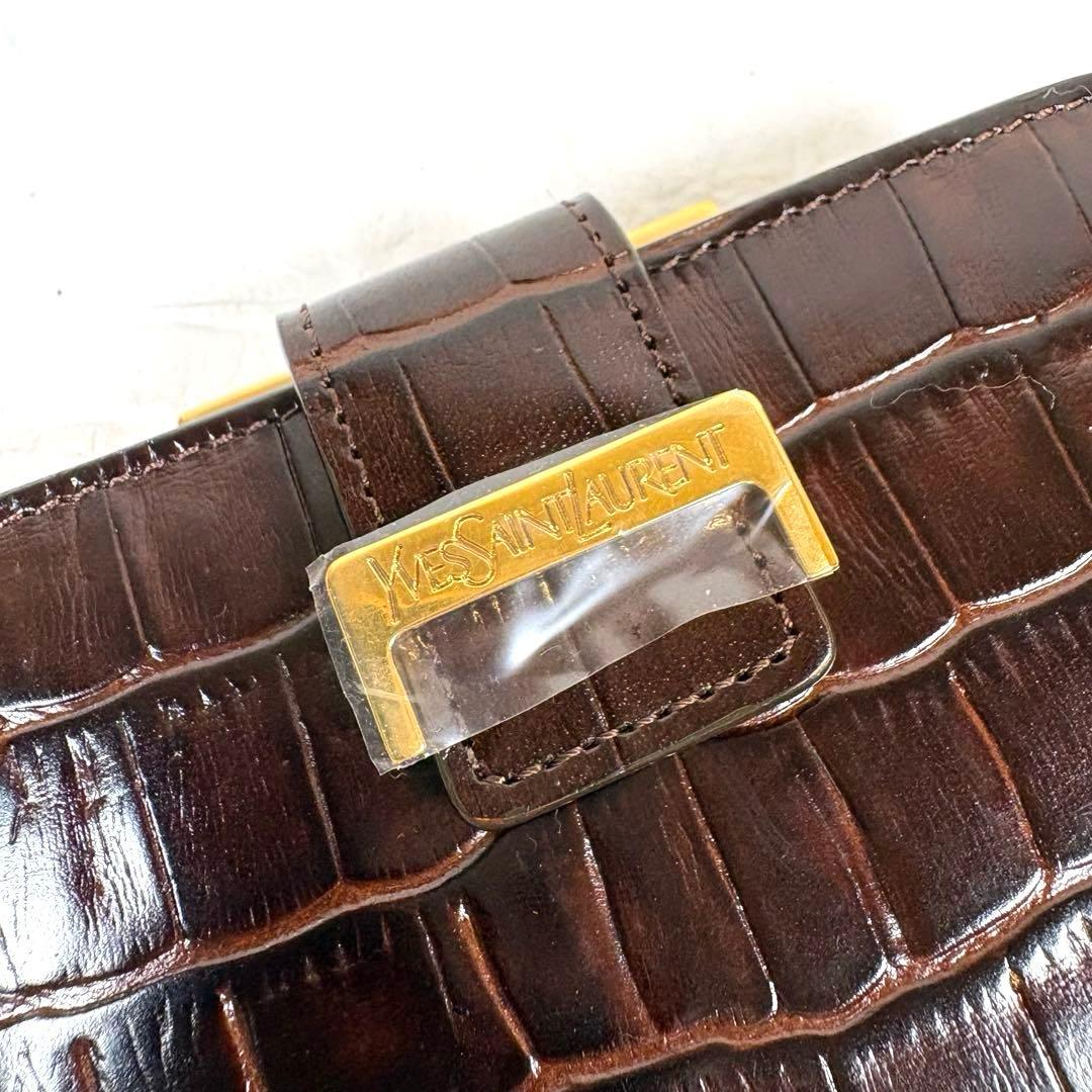 ☆Yves Saint Laurent 折り財布 ガマ口 ブラウン クロコ型押し