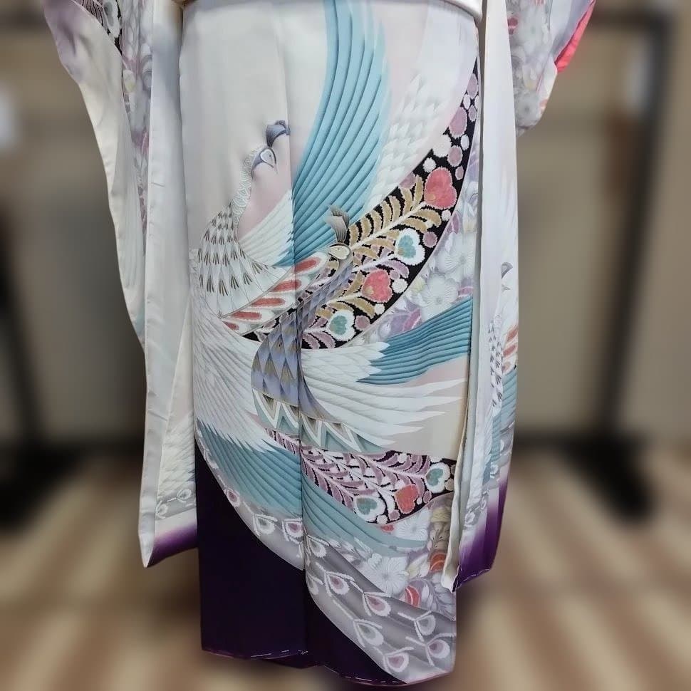 振り袖　正絹　辻が花孔雀柄　未使用品