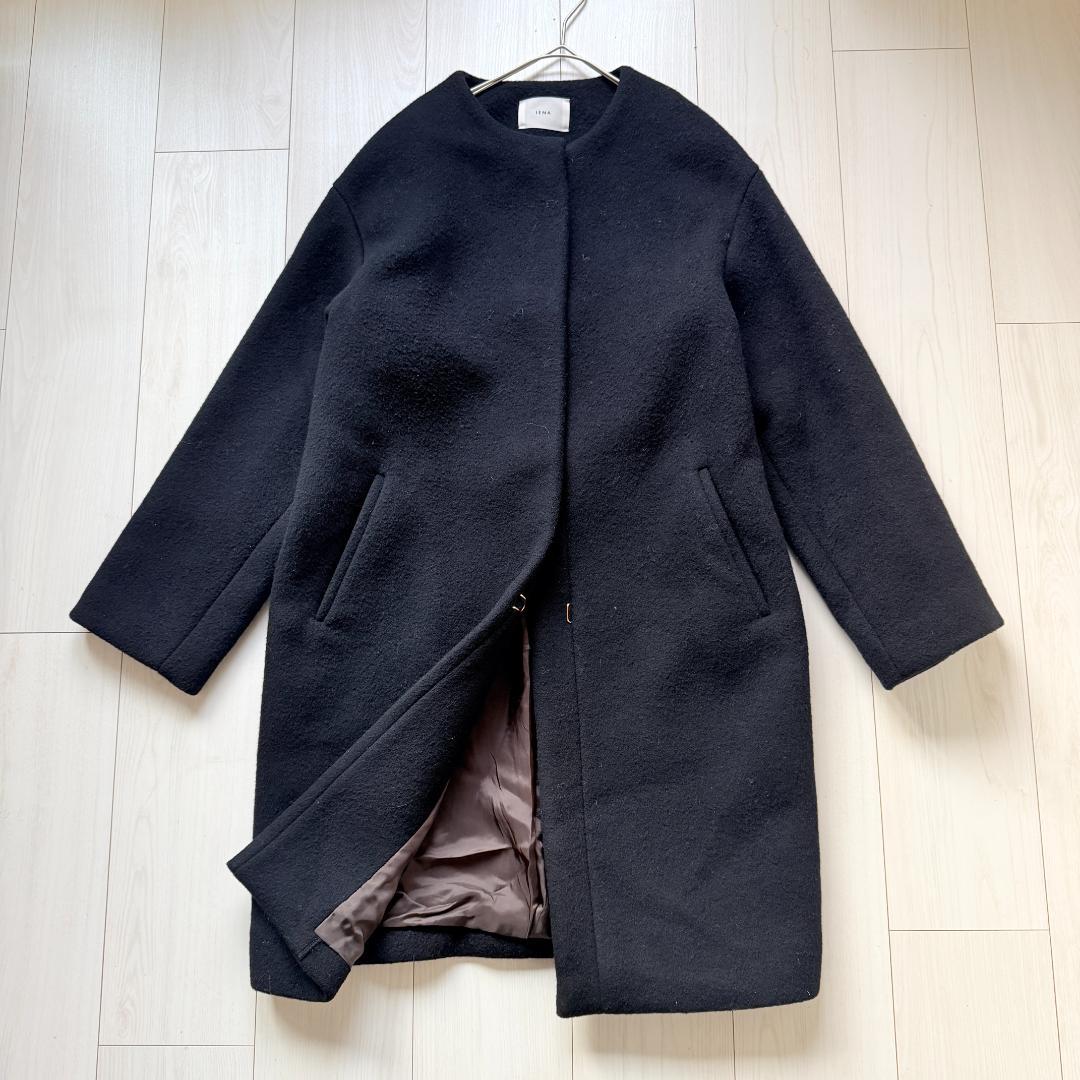 美品✨イエナ　ラムウールノーカラーコート　ブラック　フックボタン　ロングコート