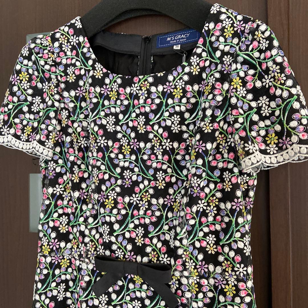 エムズグレイシー 花柄刺繍 半袖ワンピース　38