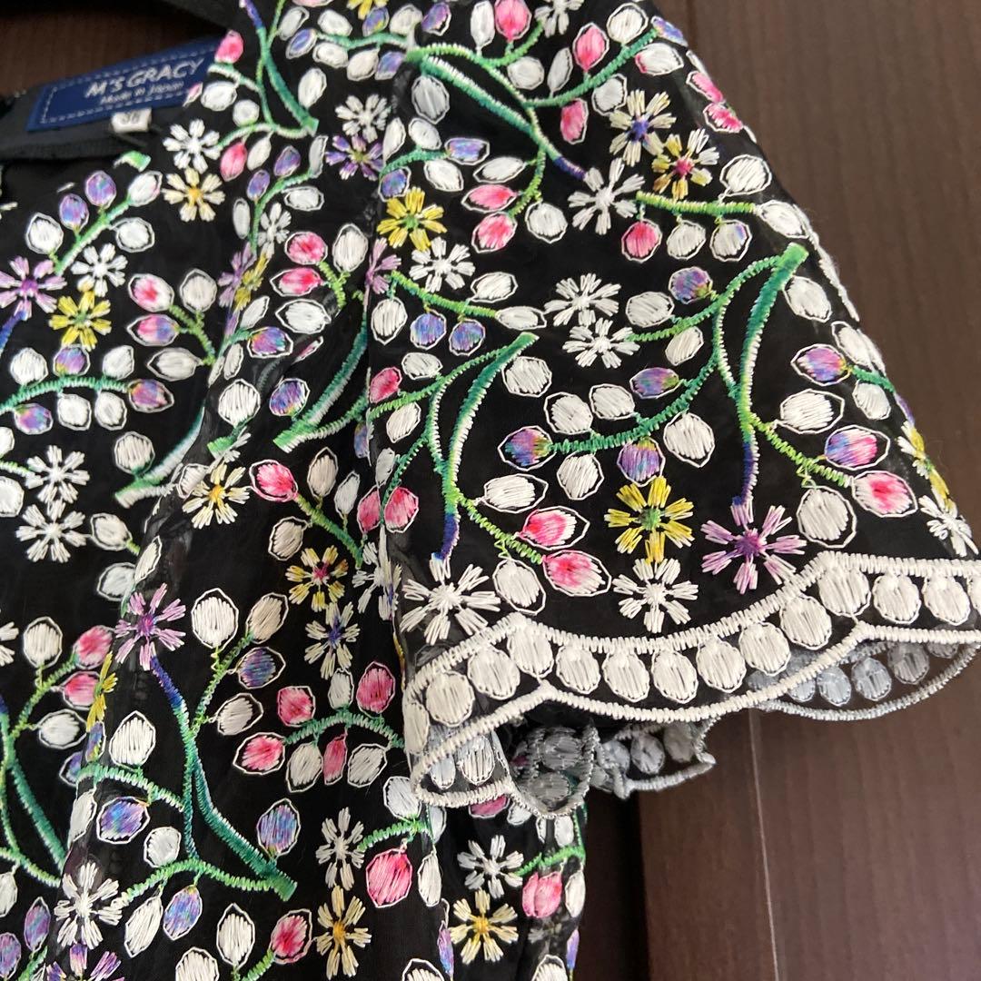 エムズグレイシー 花柄刺繍 半袖ワンピース　38