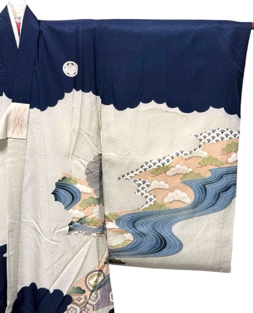 男の子　初着　産着　一つ身着物、襦袢セット　青寄りのネイビー　鷹
