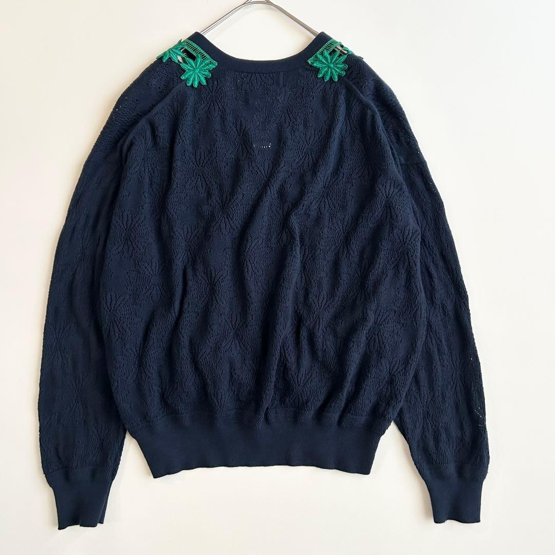 美品✨MUVEIL フラワー刺繍 カーディガン コットン ネイビー 38