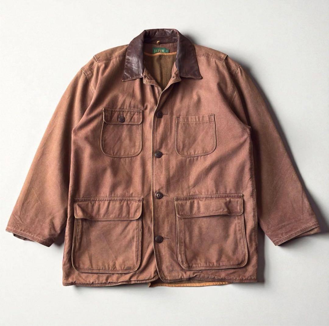 襟レザー　90s J.CREW カバーオール　ライナー付き ジャケット　巨人タグ