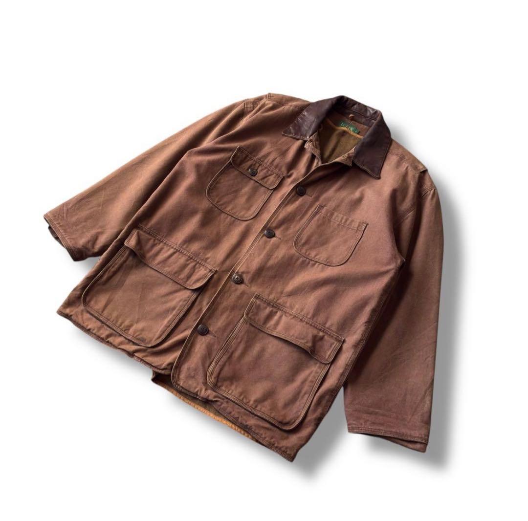 襟レザー　90s J.CREW カバーオール　ライナー付き ジャケット　巨人タグ