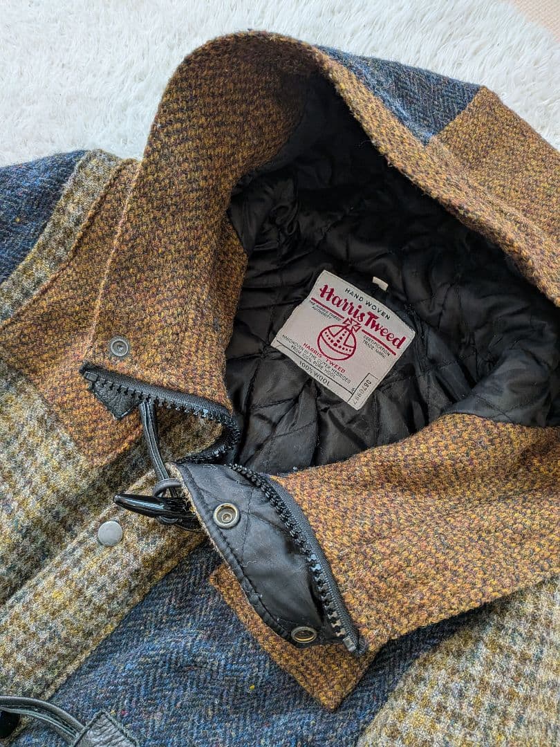 Harris Tweed フード付きダッフルコート ハーフ丈コート レザー