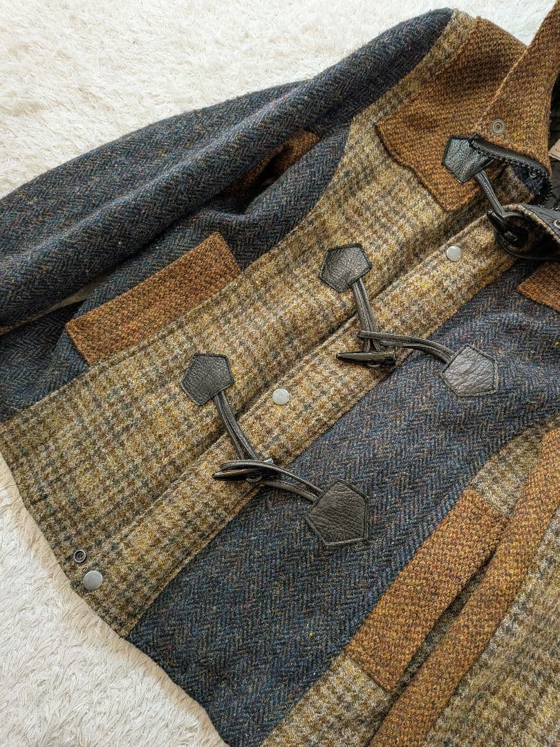 Harris Tweed フード付きダッフルコート ハーフ丈コート レザー