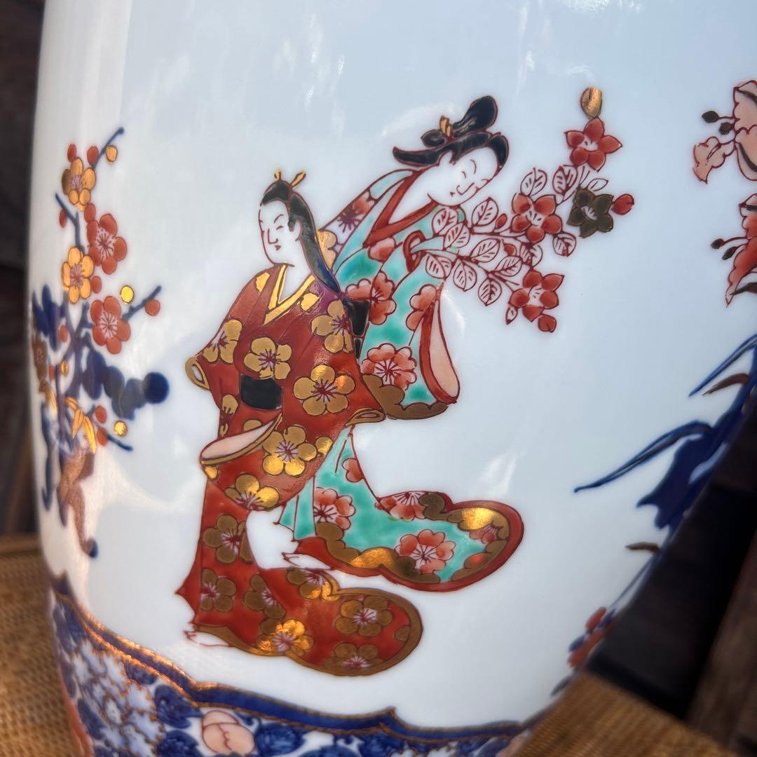 有田　哲山作　染錦元禄美人図　花瓶 置物 (大)