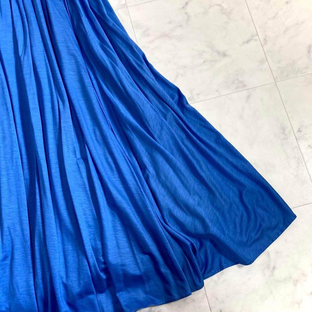 美品 エブール 23SS プリーツロングスカート ウエストゴム ブルー 38