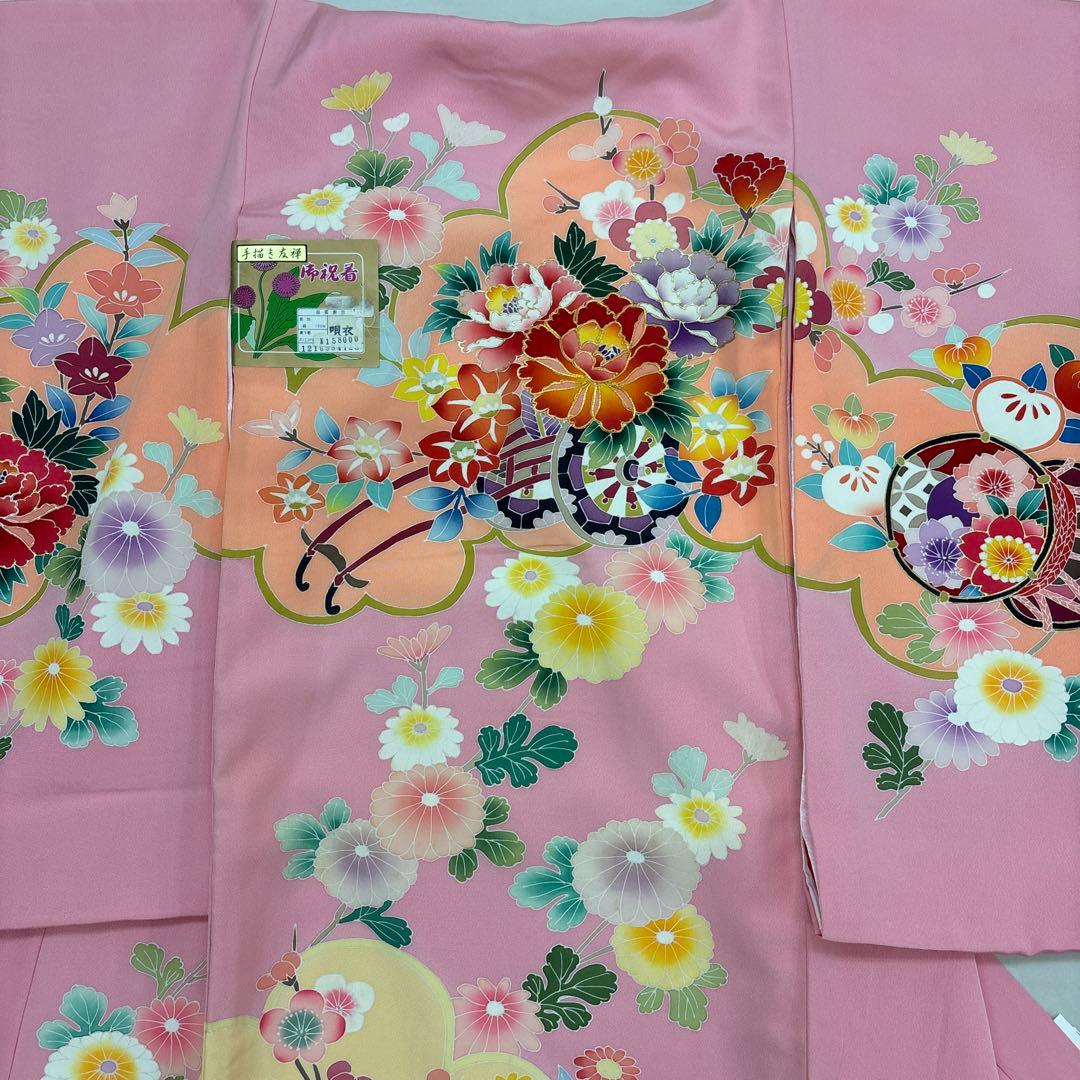 新品最高級正絹産着（祝着）特選京友禅手描き美術特選染仕様古典豪華四季花車つづみ文