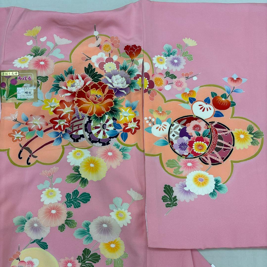 新品最高級正絹産着（祝着）特選京友禅手描き美術特選染仕様古典豪華四季花車つづみ文