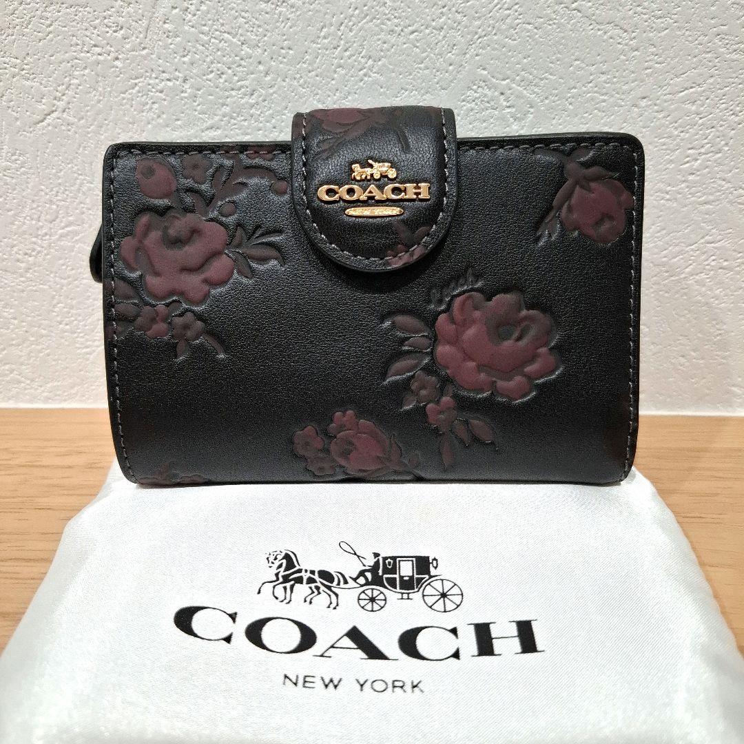 カ*ヤ様 【新品 未使用品】COACH 二つ折り財布 黒 バラ柄 CCR20