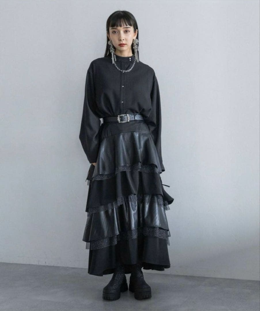 ラメメッシュティアードスカート メッシュ生地×フェイクレザー ハレ