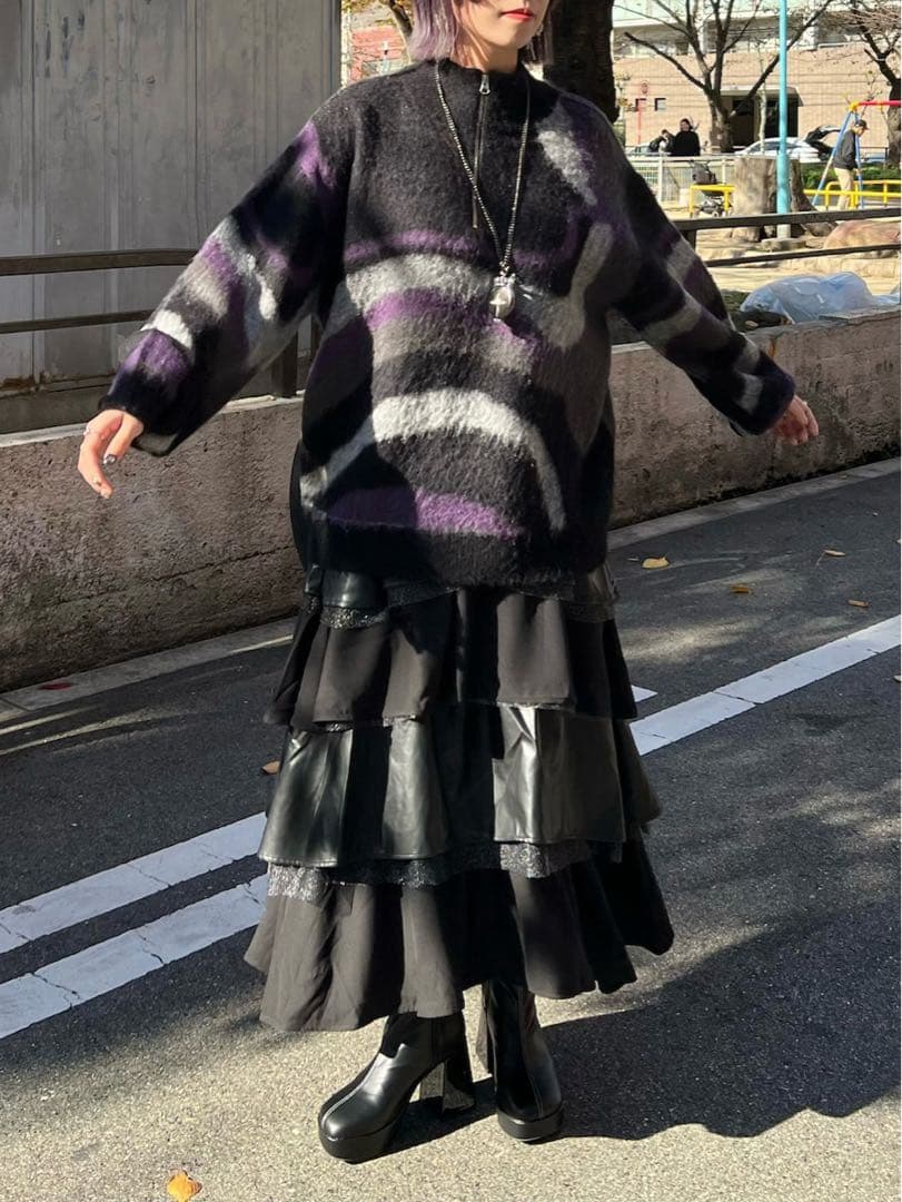 ラメメッシュティアードスカート メッシュ生地×フェイクレザー ハレ