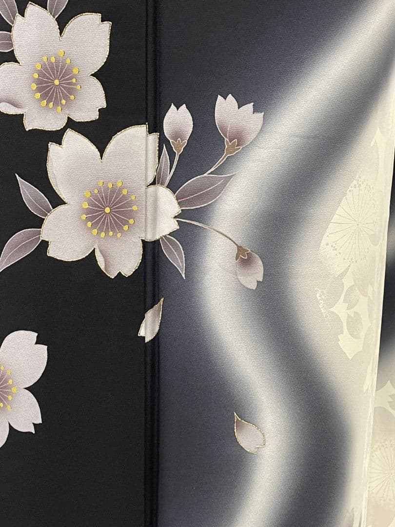 美品 正絹 振袖 7点フルセット モノトーン 染め分け 桜 　トールサイズ
