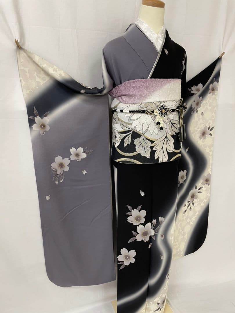 美品 正絹 振袖 7点フルセット モノトーン 染め分け 桜 　トールサイズ