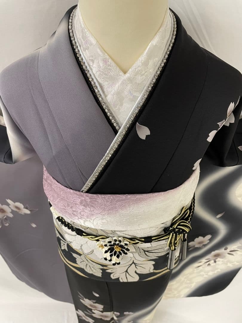 美品 正絹 振袖 7点フルセット モノトーン 染め分け 桜 　トールサイズ