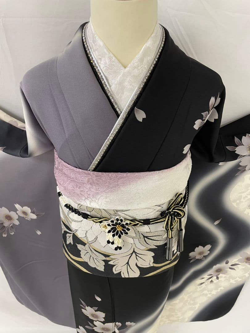 美品 正絹 振袖 7点フルセット モノトーン 染め分け 桜 　トールサイズ