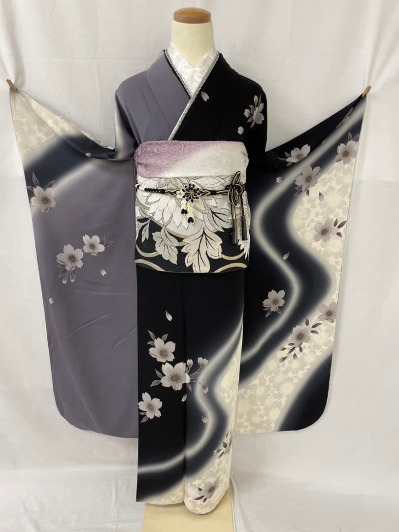 美品 正絹 振袖 7点フルセット モノトーン 染め分け 桜 　トールサイズ