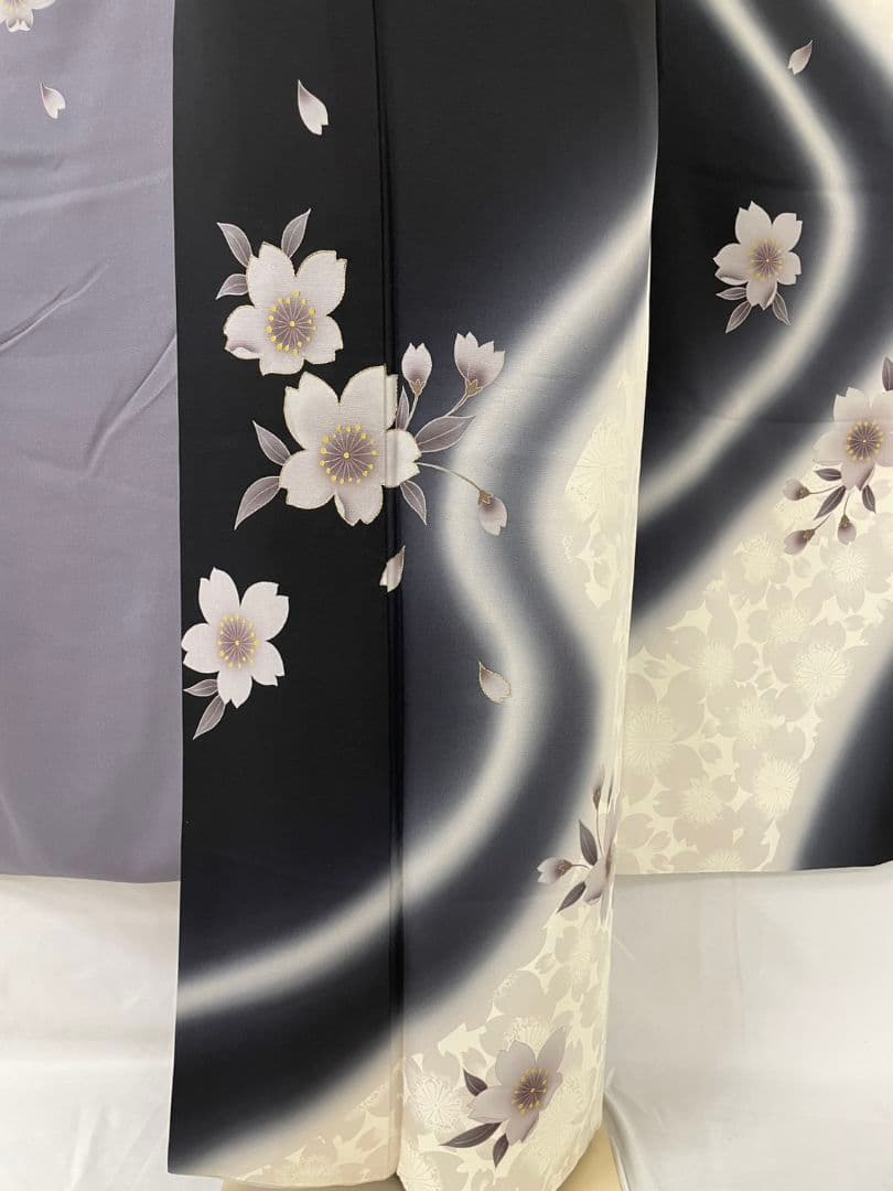 美品 正絹 振袖 7点フルセット モノトーン 染め分け 桜 　トールサイズ
