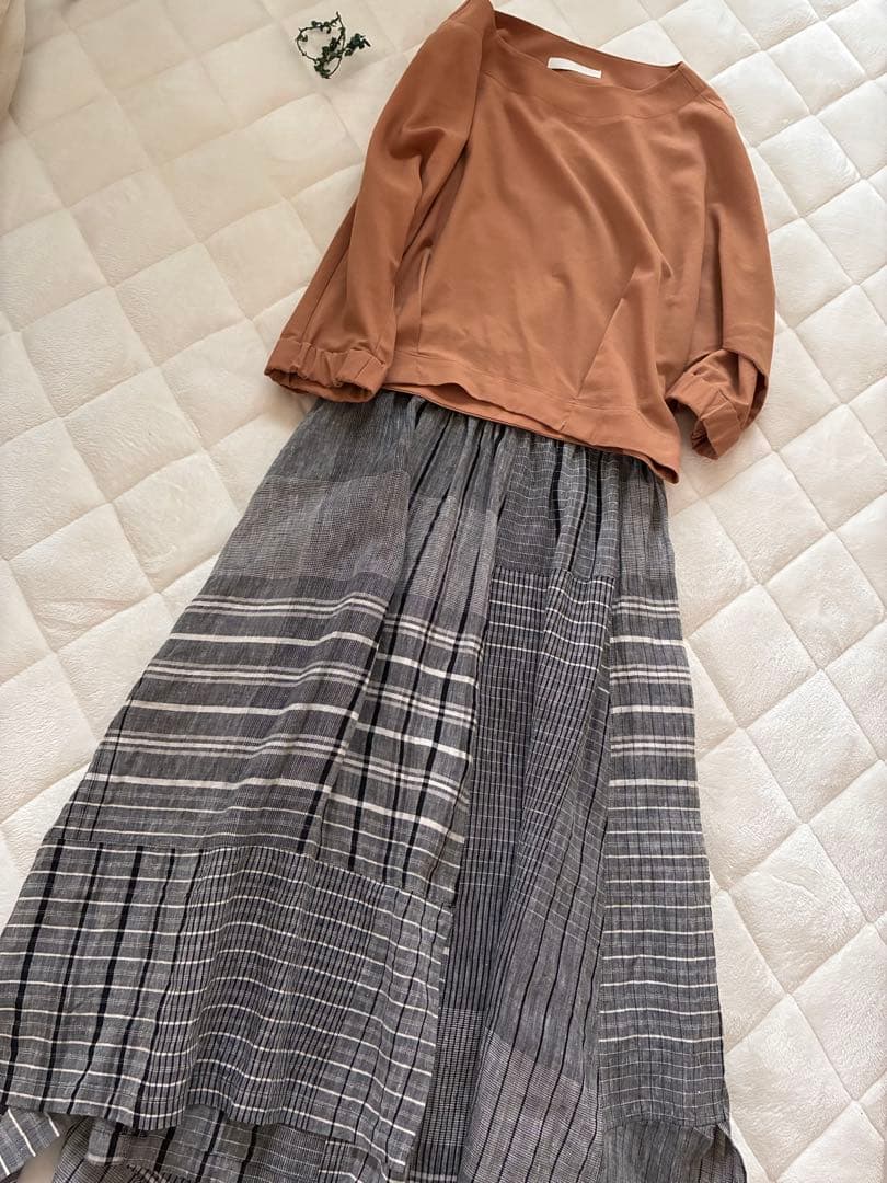 美品✨センソユニコ芽風 麻リネン100%ロングスカート チェック柄 38M