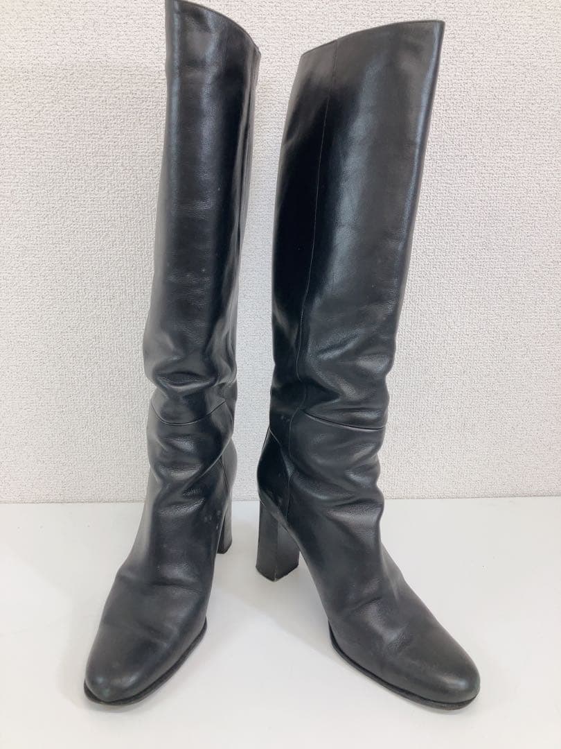 ★HERMES レザー ロングブーツ ヒール ブラック 黒