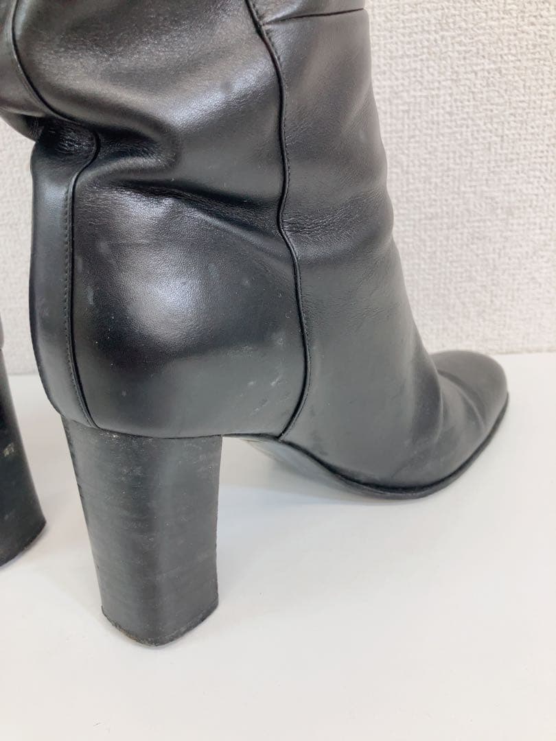 ★HERMES レザー ロングブーツ ヒール ブラック 黒