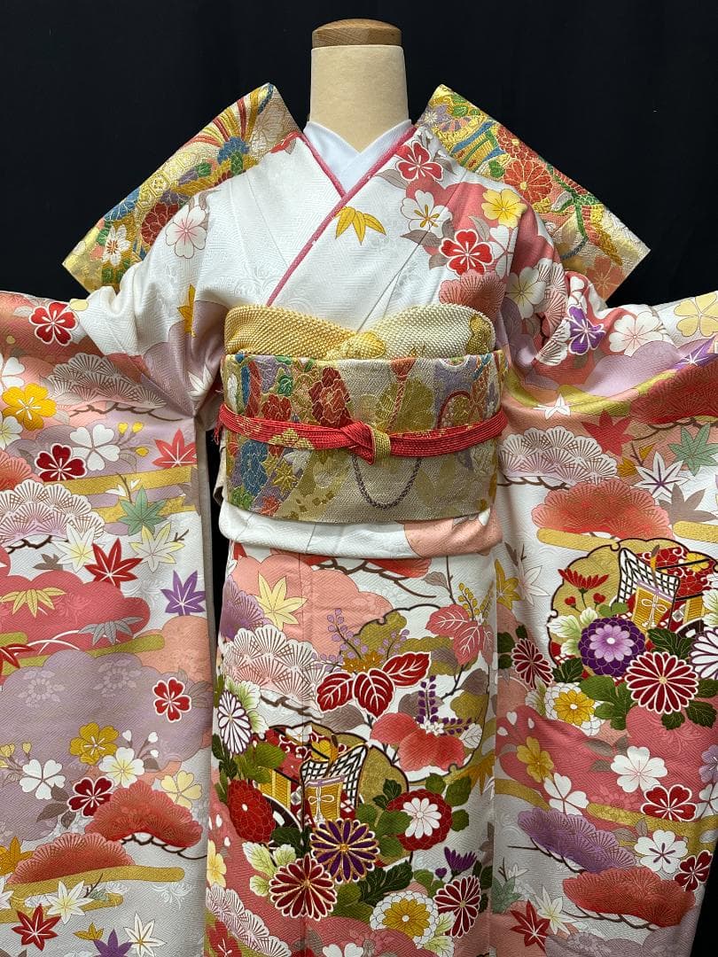 久保耕 京友禅 白地ピンク 御所車 振り口付き振袖 袋帯 フルセット