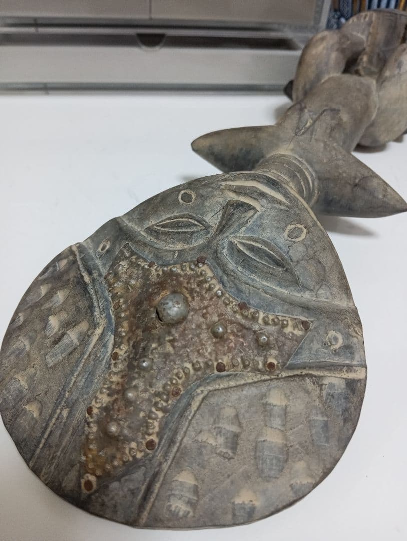 珍品海外工芸エスニック木彫りハンドメイド製魔除け木彫り３８センチ置物飾りオブジェ