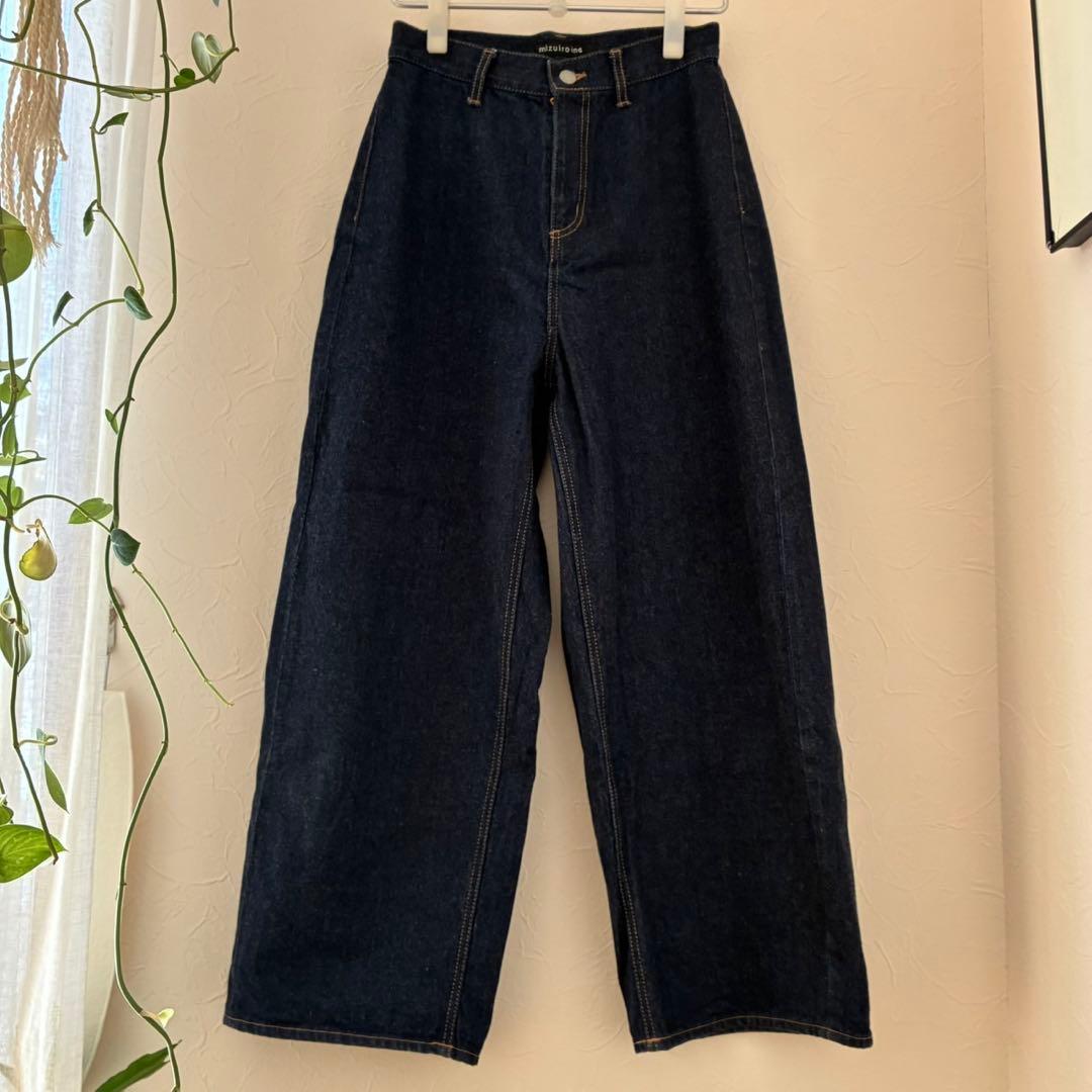 美品mizuiroindインディゴブルーワイドレッグデニムパンツ綿100サイズ1