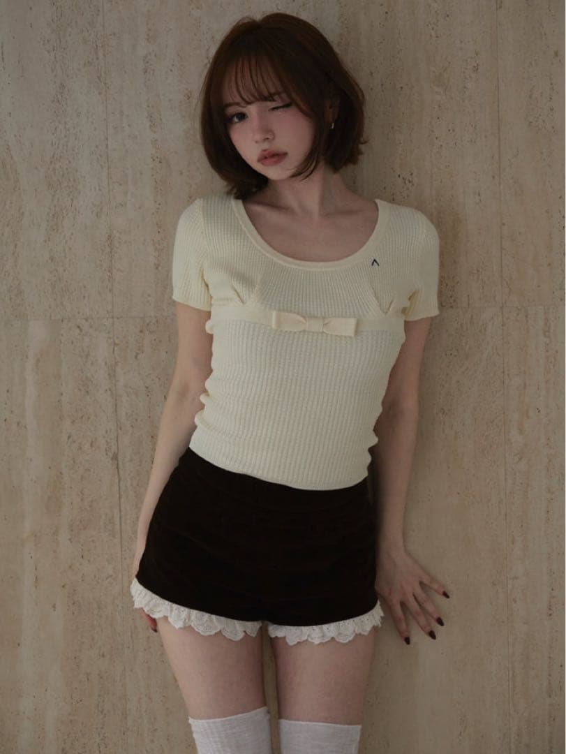 新品タグ付き andmary Waffle ribbon tops ivory