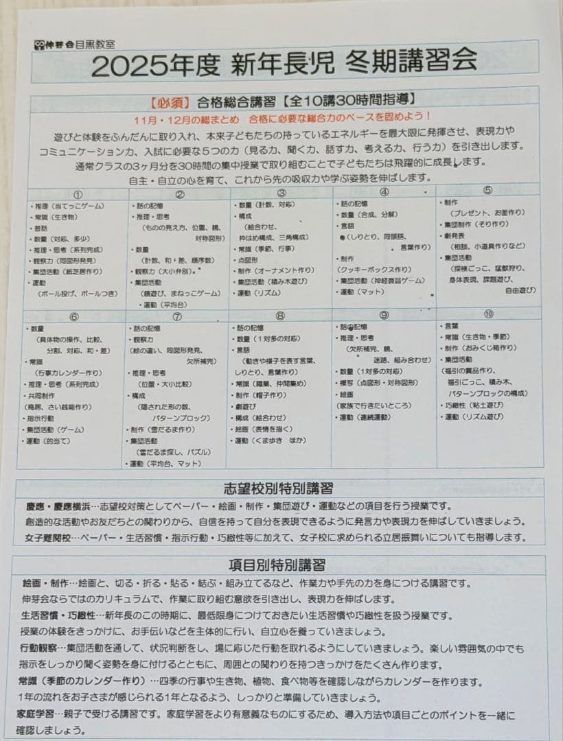 【伸芽会】2025年度新年長児 冬期講習 全10回 プリント 解説 カード付き