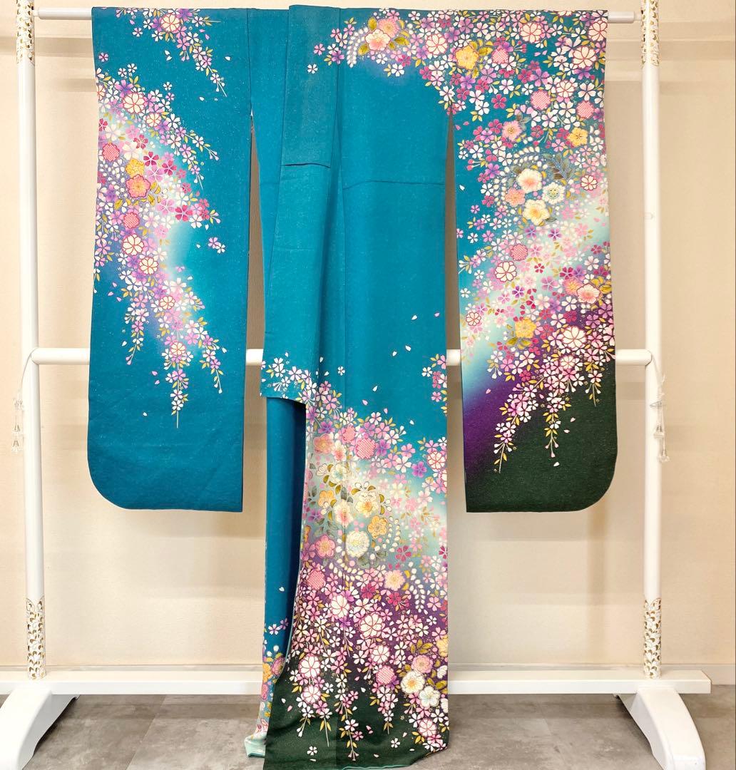 ⭐︎K0811 美品 正絹 振袖 レンタル店放出品 ガード加工 花柄 納戸11号