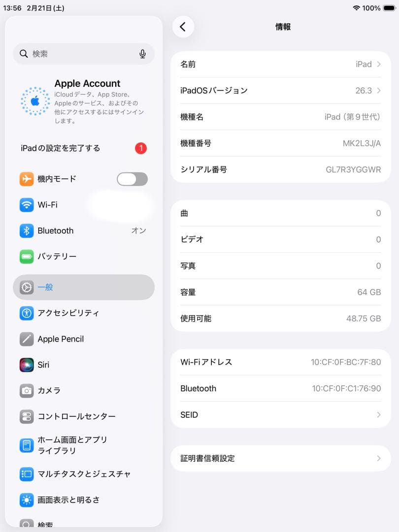 iPad 第9世代 Wi-Fi 74G 10.2インチ