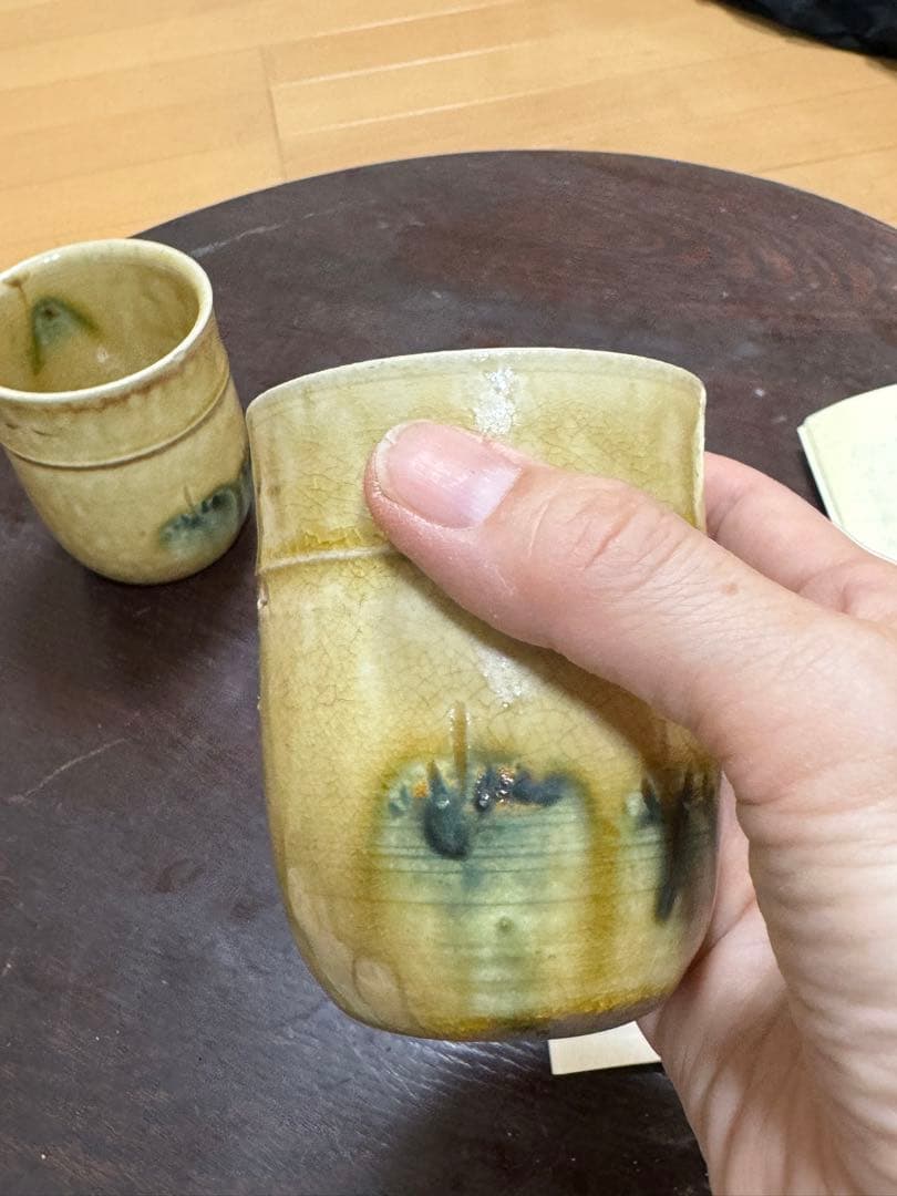 金継ぎ　黄瀬戸　加藤作助　カケ有　外箱　説明書　湯呑　金継　赤津焼　愛知　民藝